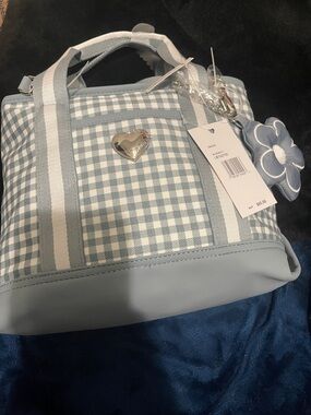 Luv Betsey, Betsy Johnson Blue & White  Gingham Tote Bag with Silver Hardware